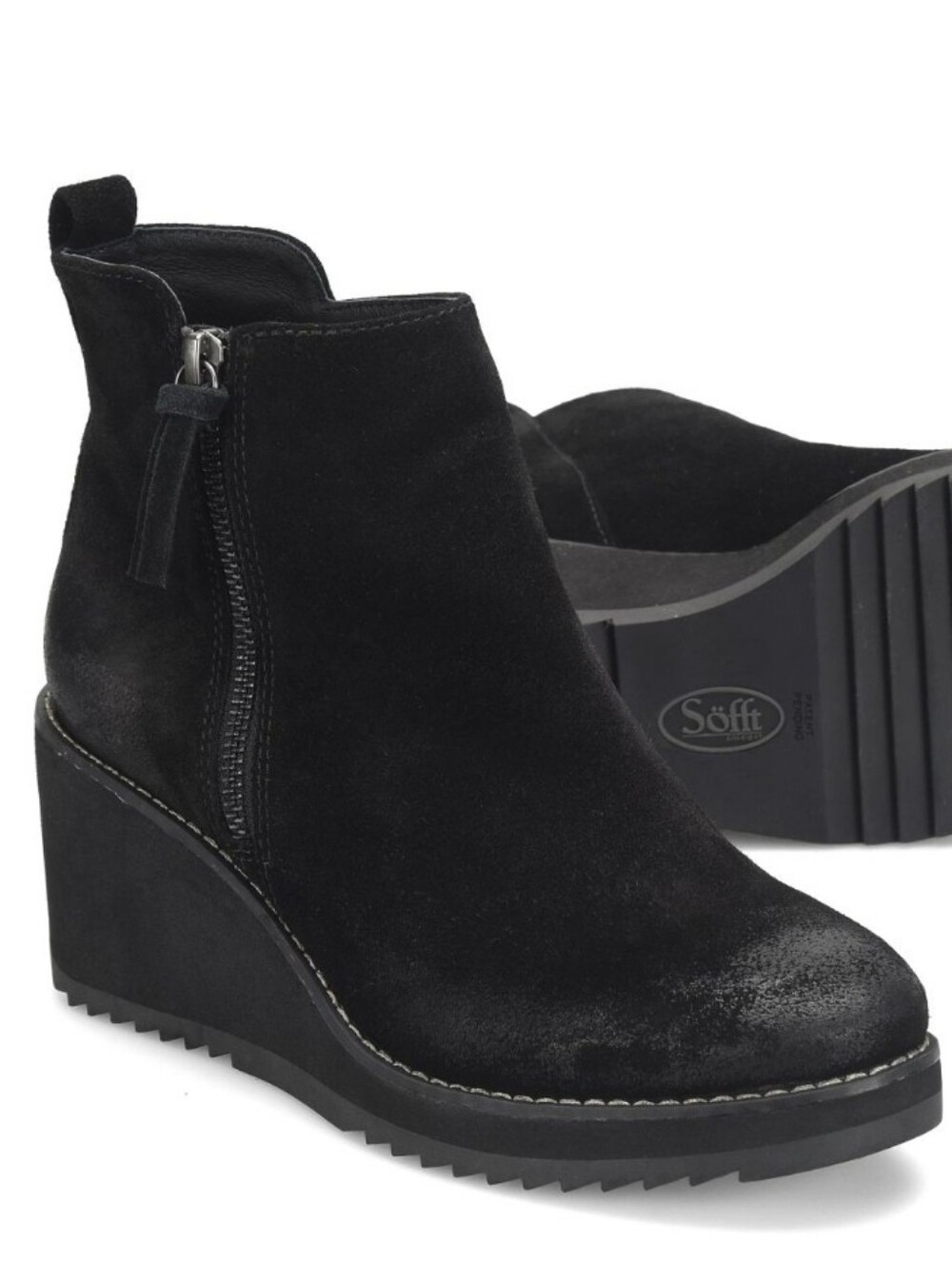 Söfft Emeline Black Waterproof Suede Wedge Ankle Boot w/ Side Zip Sz 7